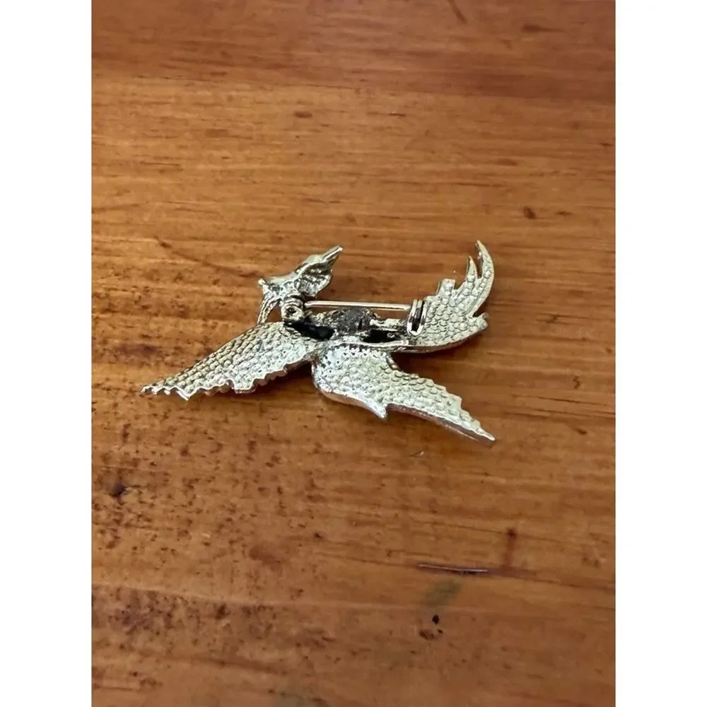 Vintage Phoenix Bird Rhinestone Brooch Gold Tone Black Enamel Figural Pin
